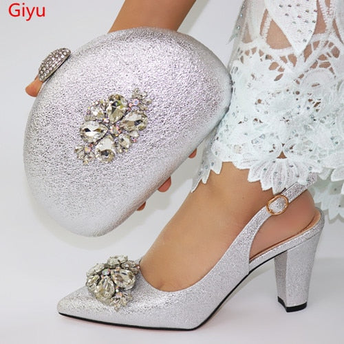 doershow Shoes and Bag Set African Sets 2019 silver Color Italian Shoe Bag Set Decorated with Rhinestone High Quality!  HYT1-22