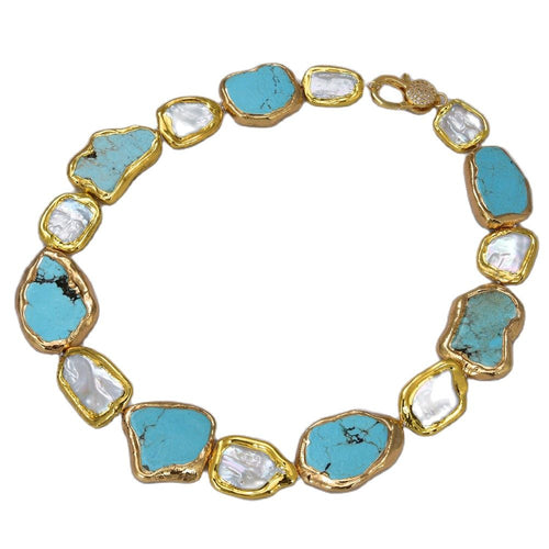 GG Jewelry Natural Cultured White Keshi Pearl Blue Turquoises Nugget Gold Color Plated Necklace 20