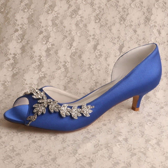 Navy Blue Women Thin Heels Pumps Satin Wedding Shoes Peep Toe Evening Party Bridal Shoes Woman Ladies Birde