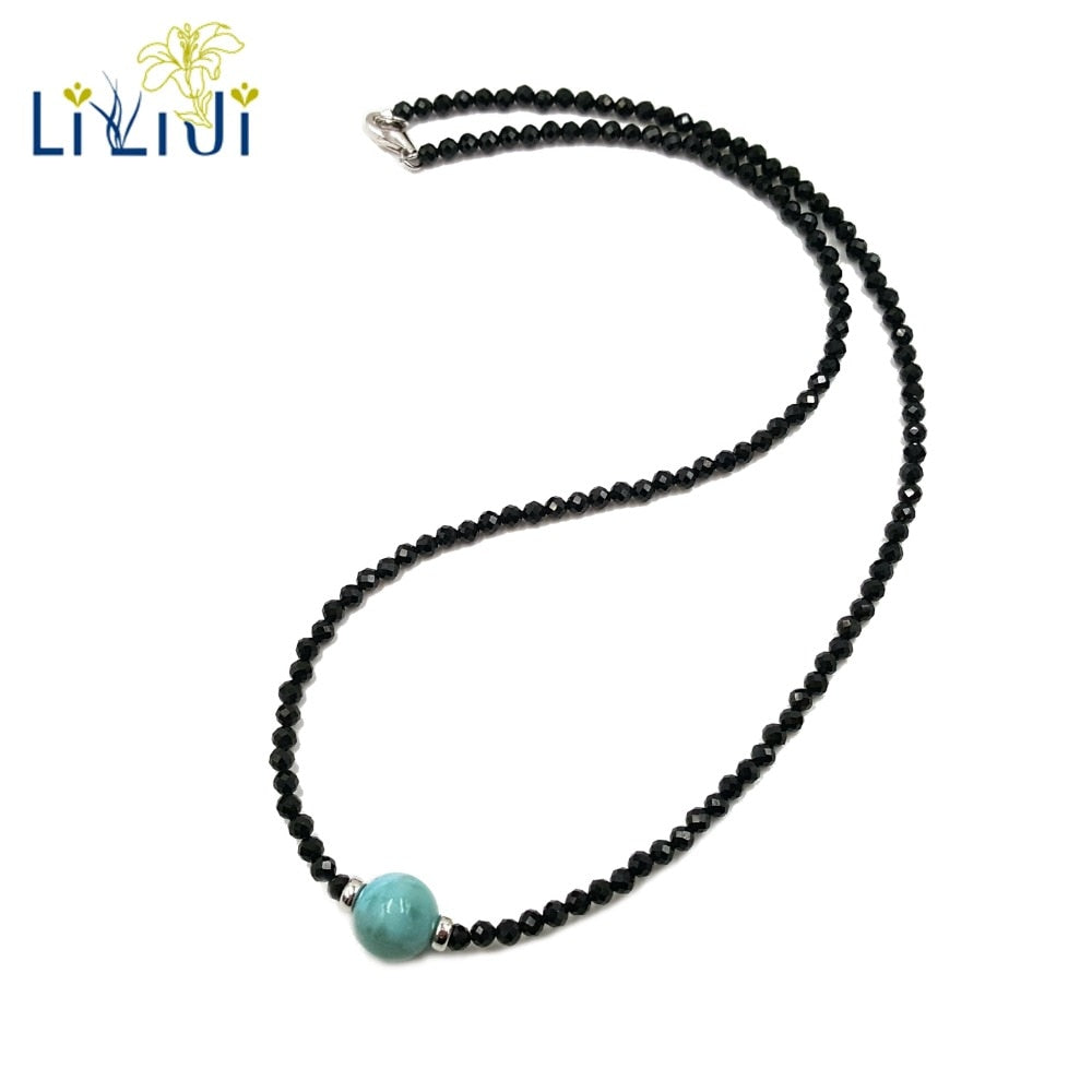 LiiJi 925 Sterling Silver Choker Necklace  Black Spinel 3mm Beads Larimar  9-10mm Beads  Men/Women Jewelry Mothers Gift