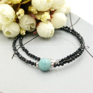 LiiJi 925 Sterling Silver Choker Necklace  Black Spinel 3mm Beads Larimar  9-10mm Beads  Men/Women Jewelry Mothers Gift