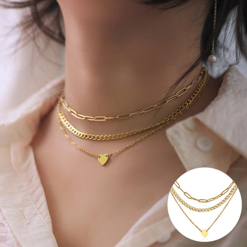 Multi Layered Gold Heart Love Charm Paperclip Necklaces For Women Girls Stainless Steel Cable Cuban Link Chain Choker DN294