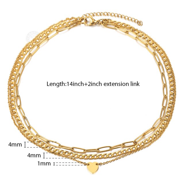 Multi Layered Gold Heart Love Charm Paperclip Necklaces For Women Girls Stainless Steel Cable Cuban Link Chain Choker DN294