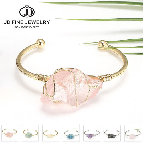 JD Natural Stone Bangle Gold-color Wire Wrap Irregular Crystal Quartz Cuff Bangles Bracelets  Fashion  Gemstone  Jewelry Gift