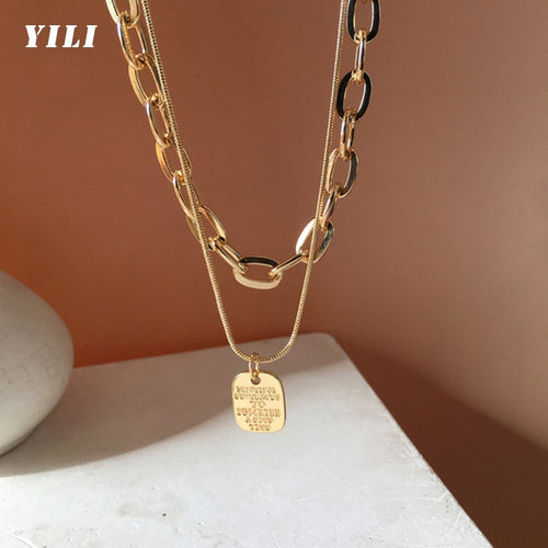 2021 Gothic Double Stainless Steel Chain Letter Square Pendant Necklace Korean Fashion Gold Paperclip Choker Chain for Girl