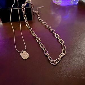 2021 Gothic Double Stainless Steel Chain Letter Square Pendant Necklace Korean Fashion Gold Paperclip Choker Chain for Girl