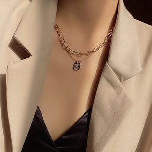 2021 Gothic Double Stainless Steel Chain Letter Square Pendant Necklace Korean Fashion Gold Paperclip Choker Chain for Girl