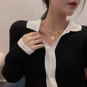 2021 Gothic Double Stainless Steel Chain Letter Square Pendant Necklace Korean Fashion Gold Paperclip Choker Chain for Girl