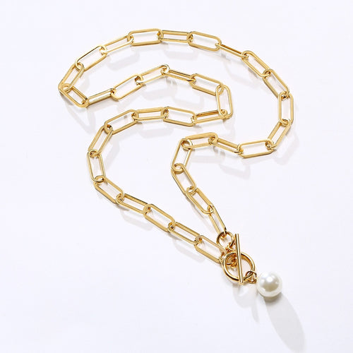 Pearl Paperclip Chain Necklace Stainless Steel Hera Link Layering Necklace for Women Girl Gold plated Rectangular Chain Jewelry