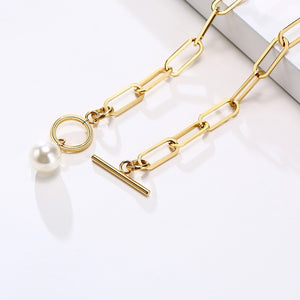 Pearl Paperclip Chain Necklace Stainless Steel Hera Link Layering Necklace for Women Girl Gold plated Rectangular Chain Jewelry