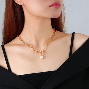 Pearl Paperclip Chain Necklace Stainless Steel Hera Link Layering Necklace for Women Girl Gold plated Rectangular Chain Jewelry