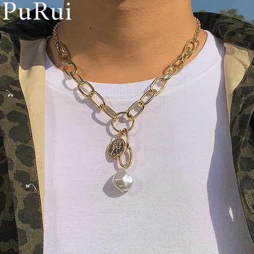 Vintage Baroque Irregular Pearl Coin Pendant Necklace 2021 Geometric Gold Color Paperclip Chain Necklaces for Men Punk Jewelry