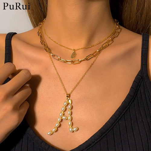 Vintage Pearl Letter A Pendant Necklaces for Women Multilayer Goth Paperclip Chain Necklace 2021 Bohemian Choker Jewelry on Neck