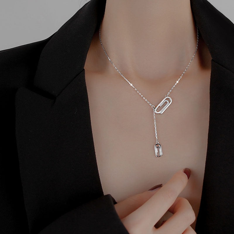 925 Sterling Silver Paperclip Necklace for Women Long Tassel Rose Gold Necklace Friendship Jewelry Gift