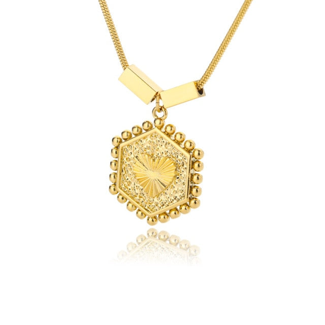 Geometric Hexagon Heart Pendant Necklaces For Women Stainless Steel Gold Color Double-layer Paperclip Gold Chain Jewelry Gift