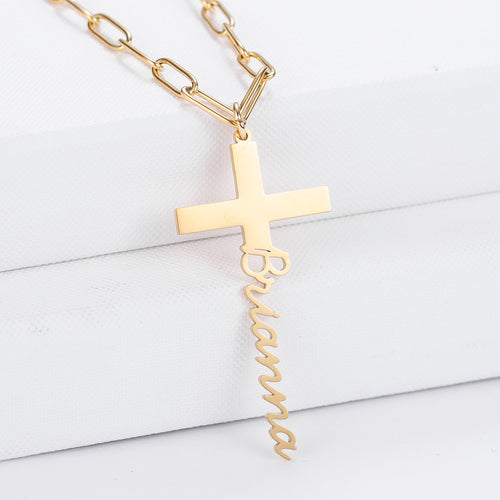 Custom Necklace Paperclip Chain Vertical Personalized Stainless Steel Name Cross Pendant Necklaces Customized Nameplate Gift