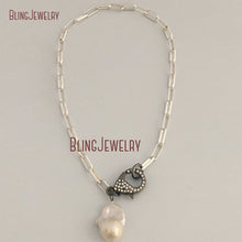 Load image into Gallery viewer, NM35787 Silver Paperclip Link Chain Necklace Baroque Pearl Freshwater Pearl Necklace Chain Oval Link Matte Silver Pave Clasp