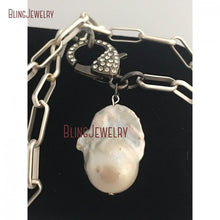 Load image into Gallery viewer, NM35787 Silver Paperclip Link Chain Necklace Baroque Pearl Freshwater Pearl Necklace Chain Oval Link Matte Silver Pave Clasp