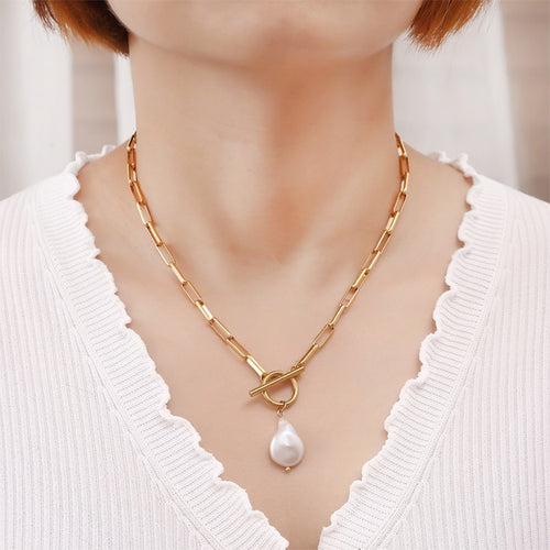 pattern irregular paperclip chain link freshwater pearl pendant sweater necklace gold plated stainless steel long Necklace