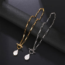 Load image into Gallery viewer, pattern irregular paperclip chain link freshwater pearl pendant sweater necklace gold plated stainless steel long Necklace