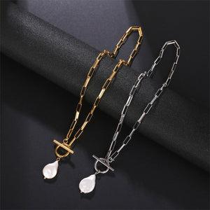 pattern irregular paperclip chain link freshwater pearl pendant sweater necklace gold plated stainless steel long Necklace