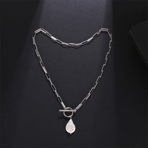 pattern irregular paperclip chain link freshwater pearl pendant sweater necklace gold plated stainless steel long Necklace