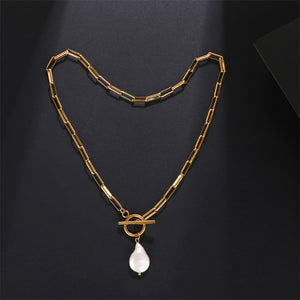 pattern irregular paperclip chain link freshwater pearl pendant sweater necklace gold plated stainless steel long Necklace