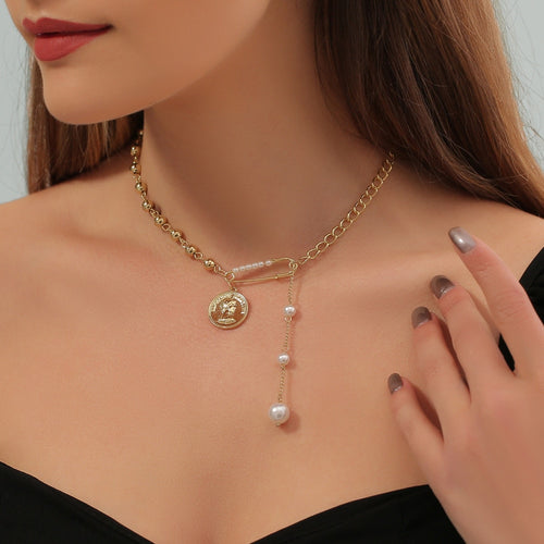 Gold Color Imitation Pearl Coin Pendants Necklaces for Women Paperclip Chain Clavicle Chain Short Necklace 2021 Fashion Jewelry