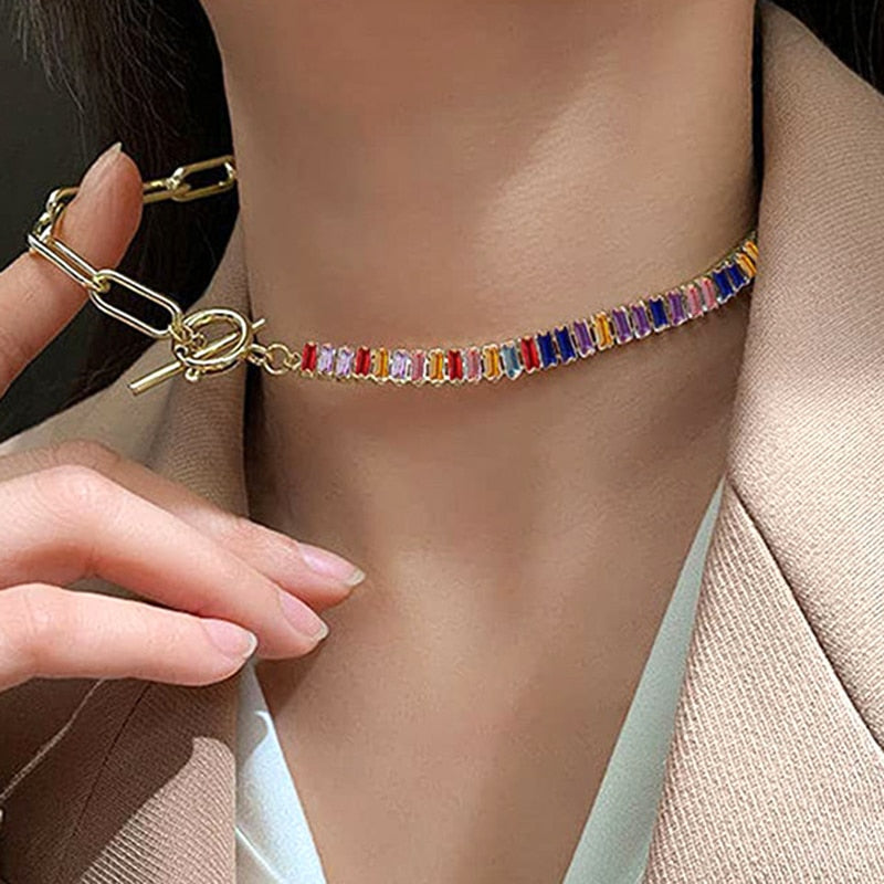 Rainbow crystal half tennis necklace for women OT clasp splicing paperclip chain necklace summer bohemia jewelry dianty