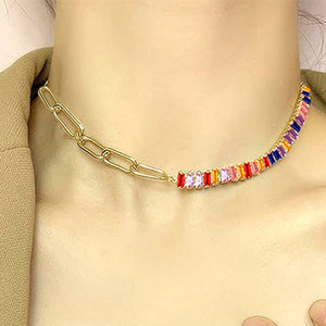 Rainbow crystal half tennis necklace for women OT clasp splicing paperclip chain necklace summer bohemia jewelry dianty