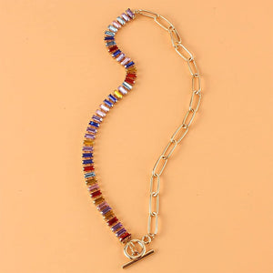 Rainbow crystal half tennis necklace for women OT clasp splicing paperclip chain necklace summer bohemia jewelry dianty