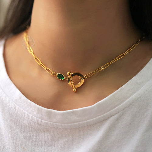 Gold Paperclip Chain Green Stone Choker For Women Girls Stainless Steel Cable Link Necklace Dropshipping Gift Jewelry DDN277