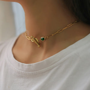 Gold Paperclip Chain Green Stone Choker For Women Girls Stainless Steel Cable Link Necklace Dropshipping Gift Jewelry DDN277