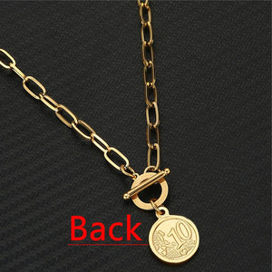 Stainless Steel Paperclip Chain Coin Choker Necklace For Women OT Buckle Coin Pendant Necklaces Toggle Jewelry