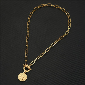 Stainless Steel Paperclip Chain Coin Choker Necklace For Women OT Buckle Coin Pendant Necklaces Toggle Jewelry