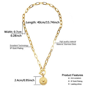 Stainless Steel Paperclip Chain Coin Choker Necklace For Women OT Buckle Coin Pendant Necklaces Toggle Jewelry