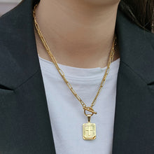 Load image into Gallery viewer, Stylish Chain Gold Color Double Layered Rectangle Cross Pendant Necklace for Women Paperclip Cable Box Link 18inch DDN245