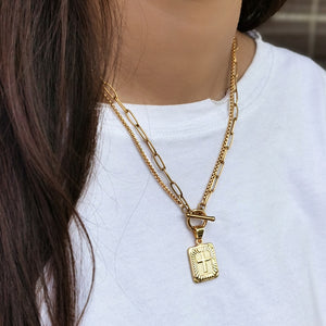 Stylish Chain Gold Color Double Layered Rectangle Cross Pendant Necklace for Women Paperclip Cable Box Link 18inch DDN245