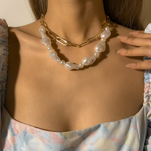 Bohemia Baroque Irregular Limitation Pearl Choker Necklace Asymmetric Paperclip Chain Necklace for Women Men Unisex Jewelry Gift