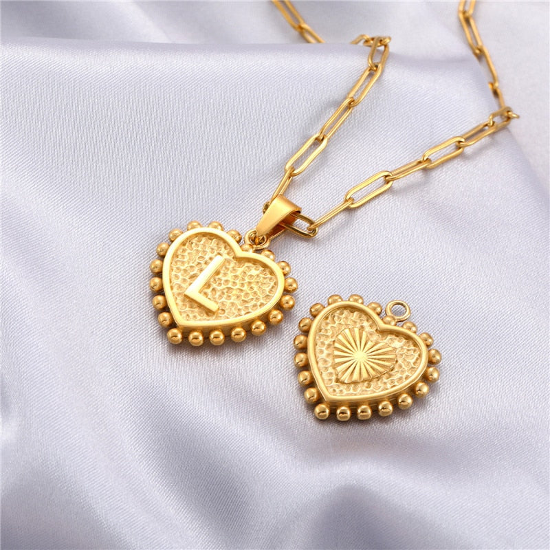 26 Capital Initials heart Pendant Necklace for Woman Man Double-layer paperclip gold chain Stainless steel jewelry choker