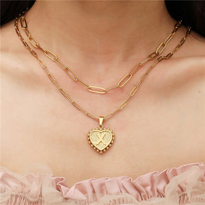 26 Capital Initials heart Pendant Necklace for Woman Man Double-layer paperclip gold chain Stainless steel jewelry choker