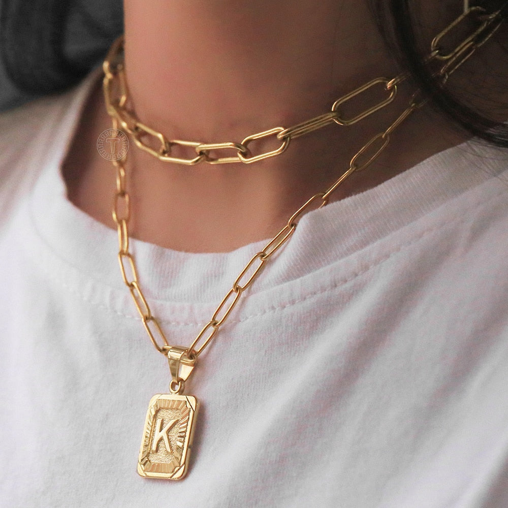 Initial Letter Pendant Necklace Set For Women Gold Color Paperclip Cable Link Chains Stainless Steel Monogram Jewelry LGP62B5