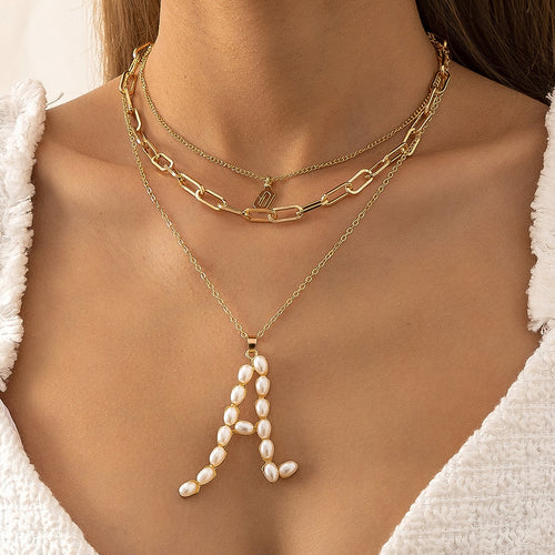 Vintage Pearl Letter A Pendant Necklaces for Women Multilayer Goth Paperclip Chain Necklace 2021 Bohemian Choker Jewelry on Neck