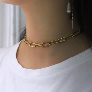 7mm Gold Tone Rectangle Chain Choker Necklaces Women Anti Allergy Stainless Steel Cable Paperclip Link Collar Adjustable KN659