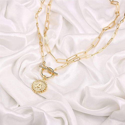 Gold Layered Initial Necklaces for Women 14K Gold Plated Dainty Layering Paperclip Link Chain Necklace Alphabet Pattern EA