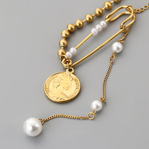 Flashbuy New Stylish Stainless Steel Long Chain Portrait Coin Pearl Paperclip Pedant Necklace for Women On Neck Jewelry Collier