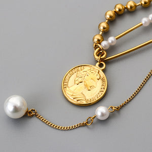 Flashbuy New Stylish Stainless Steel Long Chain Portrait Coin Pearl Paperclip Pedant Necklace for Women On Neck Jewelry Collier