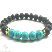 Load image into Gallery viewer, 8mm Lava Stone Turquoise Gemstone Mala Bracelet 7.5inches Healing cuff Chakas Stretchy energy Monk Bead