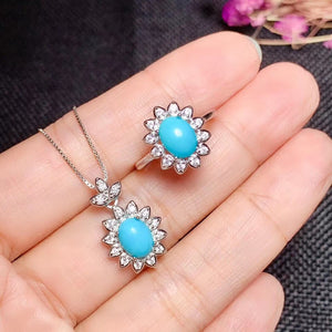 100% Real and Natural Turquoise Set 925 sterling silver 1pc pendant,1pc ring ,2pcs Earring