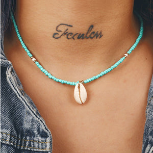 Women Ethinc Green Turquoise Beige Beads Clavicle Necklace Natural Conch Shell Short Necklaces Jewelry Accessories Gifts